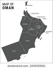 Detailed grey color map of the Oman with regions states cities, Oman map vector illustration, Political map of Oman and administrative divisions, Oman vector map with borders and cities, vector image