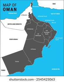 Detailed grey color map of the Oman with regions states cities, Oman map vector illustration, Political map of Oman and administrative divisions, Oman vector map with borders and cities, vector image