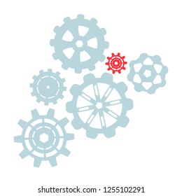 Detailed grey gears and red detail isolated on white background