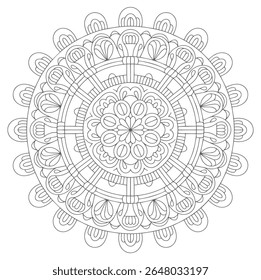 A detailed grey scale mandala features a complex circular pattern with intricate floral and geometric elements creating a symmetrical design on a white background.