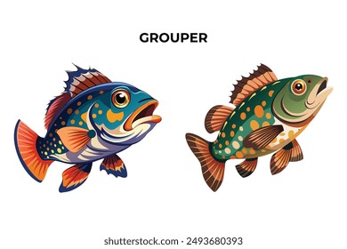 Detailed Grouper fish vector illustration. Perfect for culinary, marine, and environmental designs. High-quality vector for easy customization. Ideal for menus, packaging, education, and web graphics.