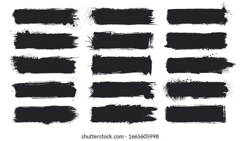 Detailed Grunge Banners Large Set. Ink Painted Brush Strokes Backgrounds Isolated on White. Vector Illustration