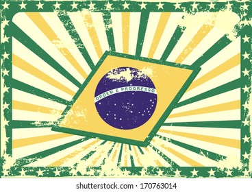 detailed grungy background illustration with stars border and brazilian flag elements, eps 10 vector