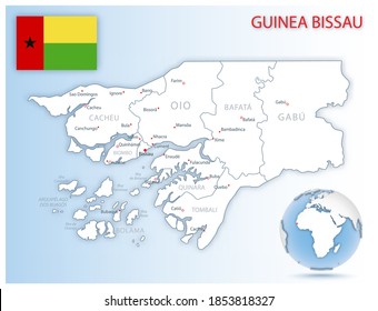Detailed Guinea-Bissau administrative map with country flag and location on a blue globe. Vector illustration