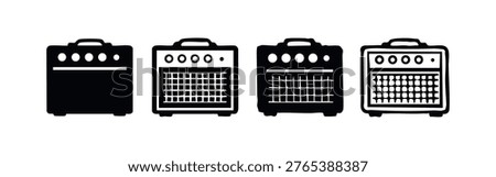Detailed Guitar Amplifier Icons Set. Black and white vector silhouettes and outlines of audio amps with speaker grilles.