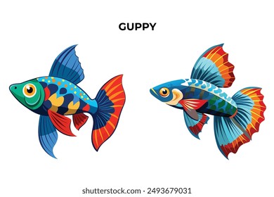 Detailed Guppy fish vector illustration. Perfect for culinary, marine, and environmental designs. High-quality vector for easy customization. Ideal for menus, packaging, education, and web graphics.