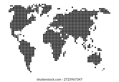 Mapa mundial detalhado de meio-tom criado usando pontos pretos de tamanhos variados, representando continentes e massas de terra com uma abordagem de design minimalista e abstrata.