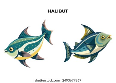 Detailed Halibut fish vector illustration. Perfect for culinary, marine, and environmental designs. High-quality vector for easy customization. Ideal for menus, packaging, education, and web graphics.