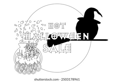 Detailed Halloween coloring page featuring a witches silhouette, a bubbling cauldron, and a Hot Halloween Sale banner. Perfect for spooky fun.