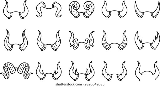 A detailed halloween vector bundle featuring various hand drawn demon horns and devilish creature head accessories for spooky designs