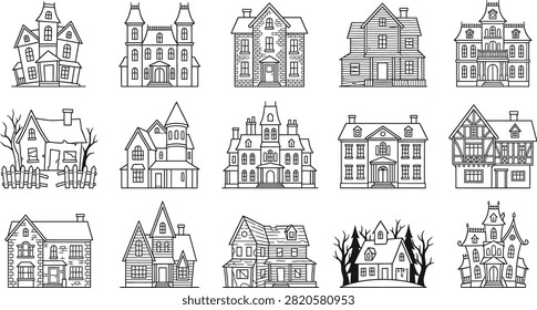 A detailed halloween vector bundle featuring various hand drawn sketches of spooky haunted houses and mysterious old gothic mansions