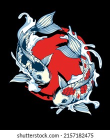 Detailed Hand Drawing Illustration of Two Koi Fish Swimming in the Waves with a Red Circle Background. Vector Symbolizing Yin and Yang Balance as well as Tao and Zen concepts.