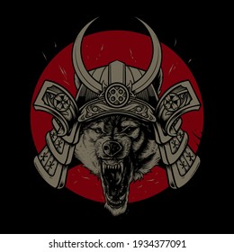 Detaillierte Handzeichnung der Wolfenkopfgrafik Samurai