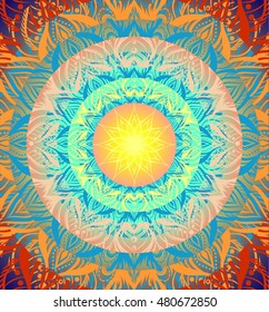 Detailed hand drawn abstract background with colored circles.Colored mandala for design invitation card yoga class, spa salon, indian music caver, 