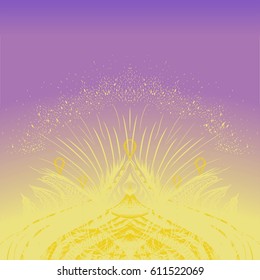 Detailed hand drawn background for wedding invitations, card,packaging design, package, box. Purple backdrop with yellow lotus flower.