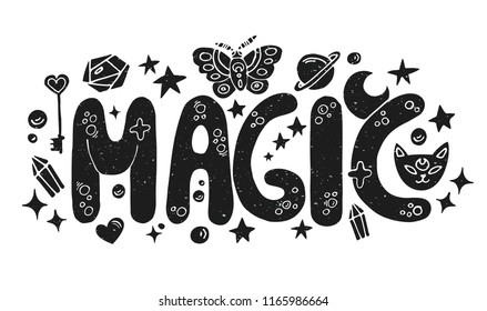 Detailed hand drawn black Magic lettering with texture effect.Isolated on white background.Word art for prints on t-shirts and bags or poster.Vector