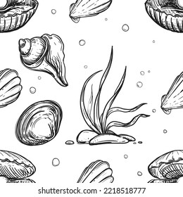 Detailed hand drawn black and white illustration seamless pattern of sea shells, pearl. sketch. Vector. Elements in graphic style label, card, sticker, menu, package.