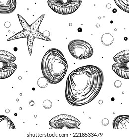 Detailed hand drawn black and white illustration seamless pattern of sea shells, pearl. sketch. Vector. Elements in graphic style label, card, sticker, menu, package.