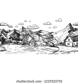 Detailed hand drawn black and white illustration seamless pattern of mountain, tree, house. sketch. Vector. Elements in graphic style label, card, sticker, menu, package.