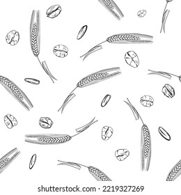 Detailed hand drawn black and white illustration seamless pattern of oat ear, wheat, leaf, grain, agriculture. sketch. Vector. Elements in graphic style label, card, sticker, menu, package.