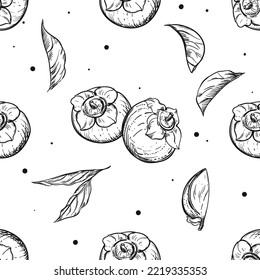Ilustración detallada a mano en blanco y negro patrón sin fisuras de persimón, ciruela, hoja. boceto. Vector. Elementos en etiqueta de estilo gráfico, tarjeta, etiqueta, menú, paquete.
