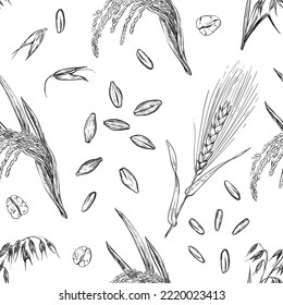 Detailed hand drawn black and white illustration seamless pattern of oat ear, wheat, leaf, grain, agriculture. sketch. Vector. Elements in graphic style label, card, sticker, menu, package.