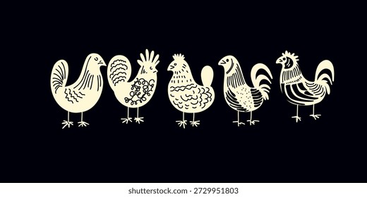 detailed hand drawn chicken set in folk style