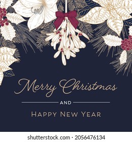 Detailed hand drawn Christmas flowers and winter plants make a frame with room for a holiday message underneath. Navy blue, cranberry red, and gold colors create a modern feel. 