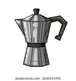 Detailed hand drawn doodle illustration of a classic silver moka pot, also known as a geyser coffee maker. Charming artwork excellent for designs related to traditional coffee brewing, Italian culture