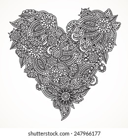 Detailed hand drawn doodle ornate black heart isolated over white background. Coloring pages template.