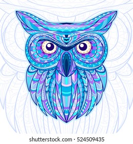 Detailed hand drawn doodle outline owl illustration. Decorative in zentangle style. Patterned fiery on the grunge background. It may be used for design a t-shirt, bag, postcard, poster and so. Vector.