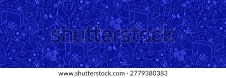 A detailed hand drawn doodle seamless navy blue pattern featuring various soccer elements, including balls, jerseys, trophies, goals, football whistle and other sports equipment for games and training, scribbles line on blue football championship 26 background. Soccer competition 2026 Vector monochrome illustration template