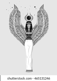 Detailed hand drawn Egyptian goddess with wings. Boho chic. Drawing pencil isolated vector illustration.