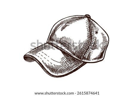 Detailed hand drawn engraving of a baseball cap with curved visor. Vintage black and white illustration perfect for outdoor gear branding, fashion design, sportswear and summer accessory themes.