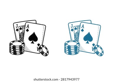 A detailed hand drawn illustration of an ace and jack of spades with a stack of gambling chips shown in two different color variations