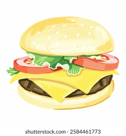 A detailed hand drawn illustration of a delicious hamburger, with layers of fresh lettuce, tomato, cheese, and a perfectly grilled patty between two soft buns. The vibrant image is perfect for fast fo