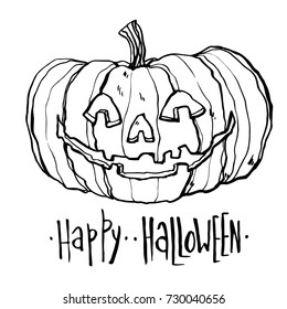 Detailed hand drawn illustration of pumpkin lantern with smiling face with Happy Halloween lettering text. Greeting card design.