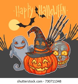 Detailed hand drawn illustration of pumpkin lantern with smiling face, witch hat, ghost, skull, skeleton hand, bats, full moon. Happy Halloween lettering text. Greeting card poster design.