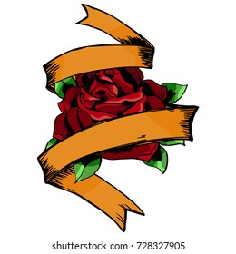 Detailed hand drawn illustration of rose flower with ribbon banner. Graphic old school tattoo style art, traditional symbol. Design t-shirt print.
