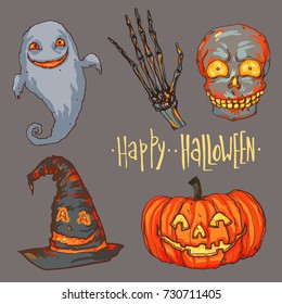 Detailed hand drawn illustration set of pumpkin lantern with smiling face, witch hat, ghost, skull, skeleton hand. Happy Halloween lettering text. Design elements.