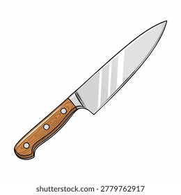 A detailed hand drawn illustration of a sharp stainless steel kitchen knife featuring a textured wooden handle with rivets isolated on a white background