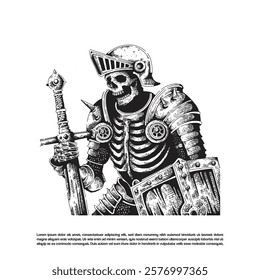 Detailed hand drawn ink art skeleton army with full armor, sword and shield. Death skeleton black art vector