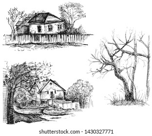 Detailed hand drawn ink black and white illustration set of farm house, tree. sketch. Vector eps 8