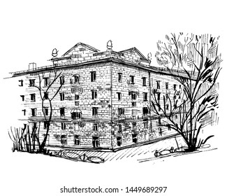 Detailed hand drawn ink black and white illustration of house, tree. sketch. Vector eps 8