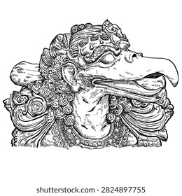 Detailed hand drawn line art illustration of Garuda Wisnu Kencana statue head from Bali, Indonesian mythology bird statue sketch isolated on white background