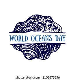 Detailed hand drawn logo. World oceans day, Summertime, Deep blue ocean. Suitable for print and web
