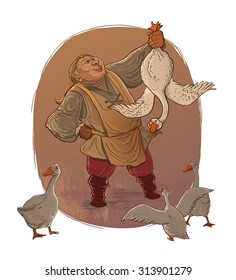 Detailed Hand Drawn Man and Gooses. Man holding goose. Old style illustration. Isolated.