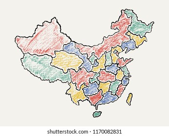 Detailed hand drawn map of China with administrative regions painted with color pencils. Color vector illustration