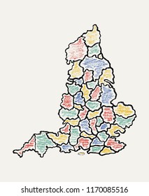 Detailed hand drawn map of England with counties painted with pencils. Color vector illustration