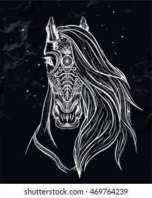 Detailed hand drawn muzzle of horse with armor.Sketch of tattoo art. Boho chic. 